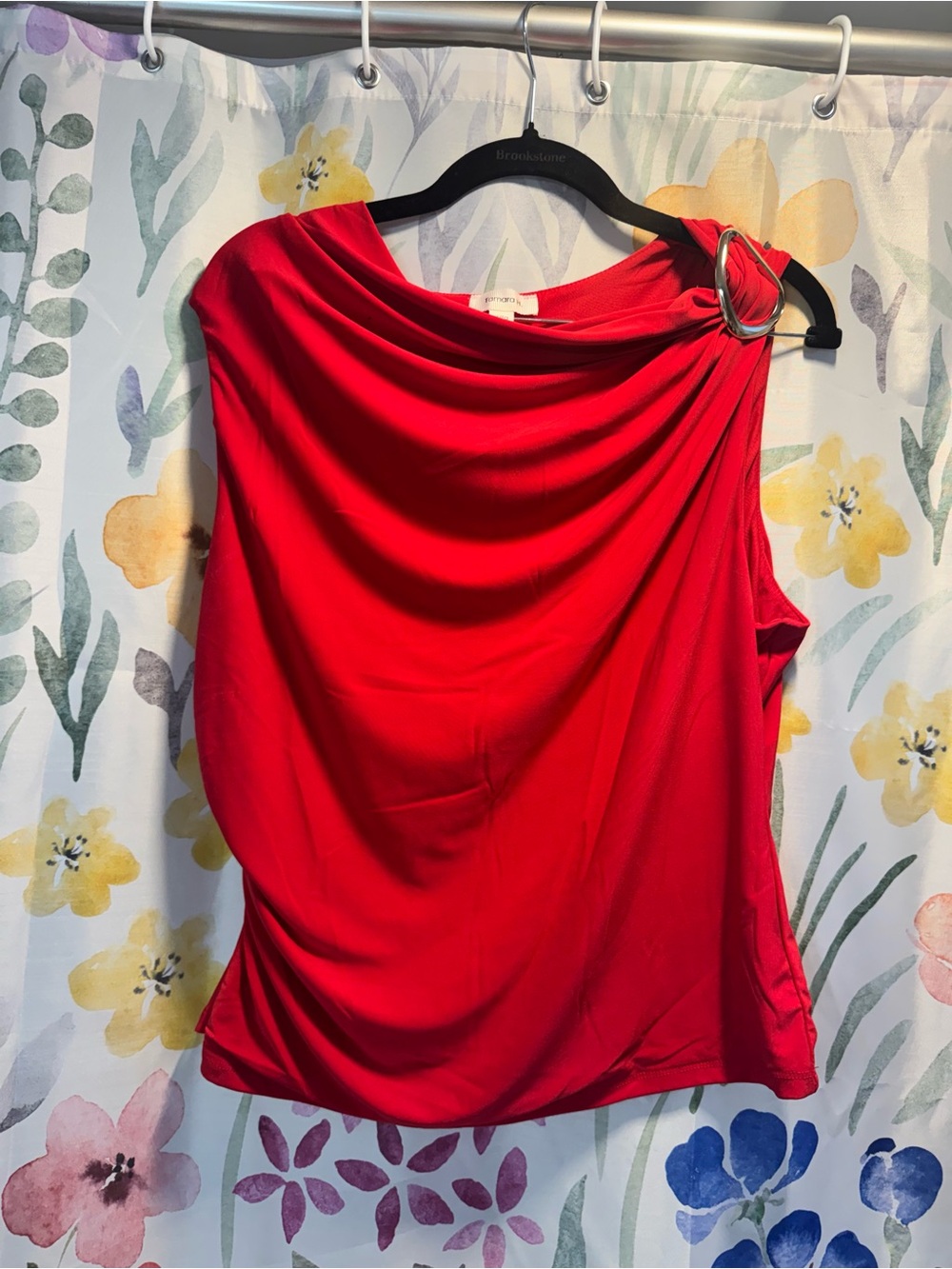 Red Draped One-Shoulder Tank Top with Ring Accent